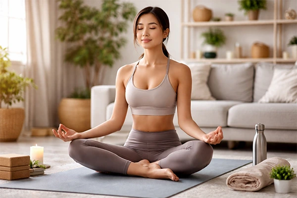 Pemula mempelajari yoga di rumah dengan posisi duduk santai, fokus pada pernapasan, dan suasana ruang latihan yang nyaman.