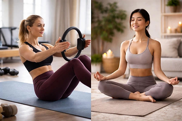 Perbandingan latihan pilates untuk kekuatan core dan yoga untuk relaksasi, menunjukkan perbedaan fokus tubuh dan mental dalam satu sesi latihan.